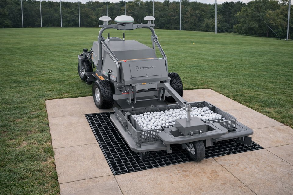 FJD RM21 fitted with the BP02 Ball Picker collecting golf balls on a driving range